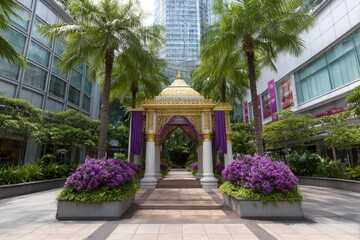Ornate archway frames an urban garden flanked by palms and modern buildings Purple flowers add vibrant color