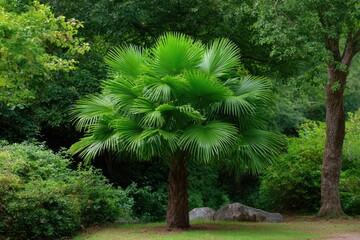 Palm tree centered bright green fronds brown trunk grass rocks and varied foliage
