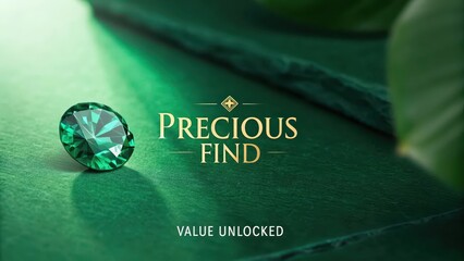 A Brilliant Emerald Gemstone Next to the "Precious Find" Logo on a Vibrant Green Backdrop