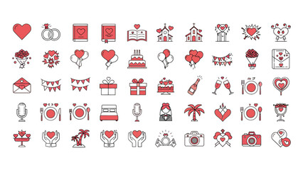 A large collection of vector icons for weddings, romance, and valentine's day celebrations