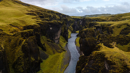 Aerial view of beautiful fjadrargljufur canyon in southern Iceland a popular tourist destination