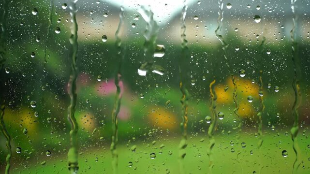 Close up of raindrops falling on window glass with blurred green garden background