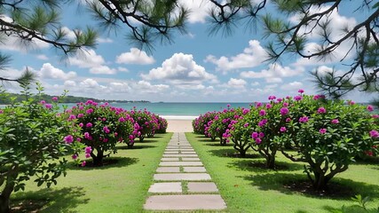 serene garden path leading to a picturesque beach with pink flowers | relaxation, meditation, nature, travel, beauty theme