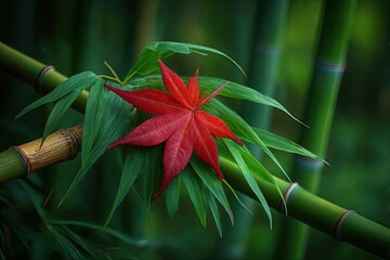 Red maple leaf rests on green bamboo contrasting colors and textures create a peaceful scene