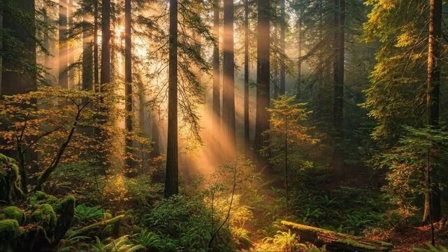 Serene Morning Sunlight Filtering Through Dense Forest with Illuminated Trees