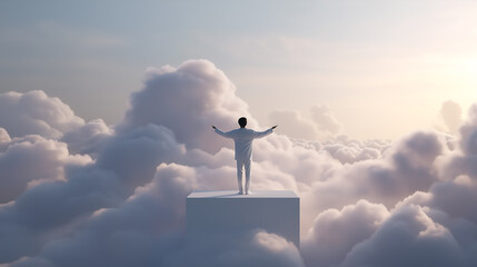 Cloud Dancer Man Standing Above Clouds with Outstretched Arms at Sunrise, Freedom and Achievement Concept Colour of the Year 2026