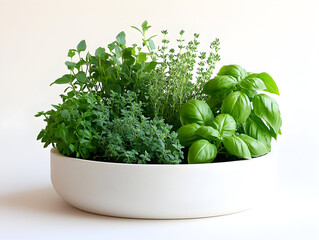 Fresh assortment of culinary herbs in a modern white planter, showcasing vibrant greens against a clean backdrop