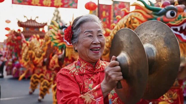 Woman in traditional Chinese attire holding a large gong during a vibrant Lunar New Year parade with dragon dancers in the background.