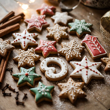Surtido de Galletas de Jengibre Navide&ntilde;as Decoradas con Glaseado Real en Formas de Estrellas y Copos de Nieve