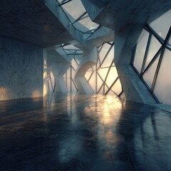 Spacious modern building interior with geometric windows and patterned floor reflecting sunlight