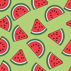 Vibrant Watermelon Slices Seamless Pattern on Green Background. Fresh Summer Fruit Illustration for Textile, Packaging, and Digital Design.