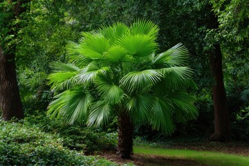 Solitary palm tree bright green foliage set amid a lush wooded area with varied greenery and tree trunks