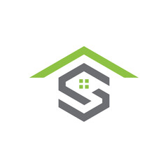 A modern logo featuring a grey hexagonal shape resembling an 'S' with a green roof and a window, symbolizing home or property.