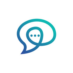 A modern, abstract logo featuring a gradient blue-green speech bubble with three dots, symbolizing communication, thought, and digital interaction.