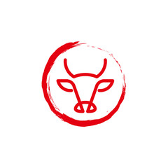 A minimalist red line art bull head logo within a rough circular brush stroke.