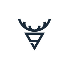 A minimalist geometric logo featuring a stylized deer head with antlers and a triangular face, in dark blue on white.