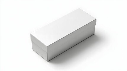 A closed rectangular white box with a lid sits on a white surface casting a soft shadow