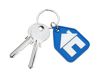 New Home Keys with Blue House Keychain for Property Ownership on white background