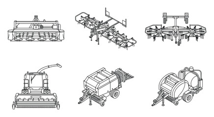 Obraz premium Detailed Line Art Agricultural Machinery Vector Illustration Collection