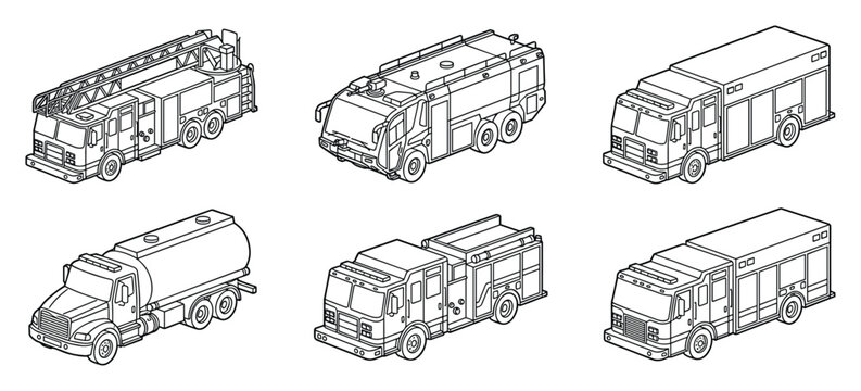Variety of Emergency Firetruck Designs in Detailed Black and White Line Art