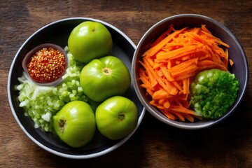 Two bowls one with green tomatoes relish  diced celery and the other with shredded carrots  a broccoli florets