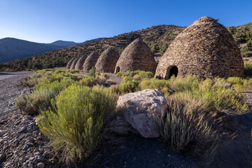 Row of Historic Charcoal Kilns Under Clear Blue Sky in Death Valley