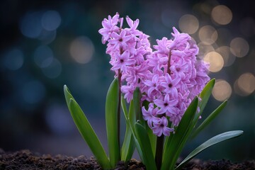 Two pink hyacinth plants grow in dark soil against a blurred background of bokeh lights