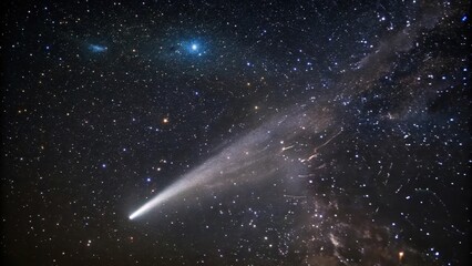 A luminous comet with a long glowing tail sweeps across a star-dusted celestial panorama, captivating in its cosmic journey.