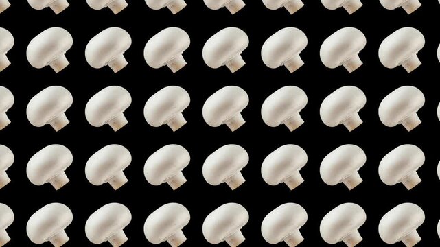 Seamless looping pattern of stylized champignon icons, creating a simple, light gray and white repetitive background.