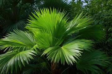 Vivid green fan palm with sharp fronds in sunlight against a dense green background