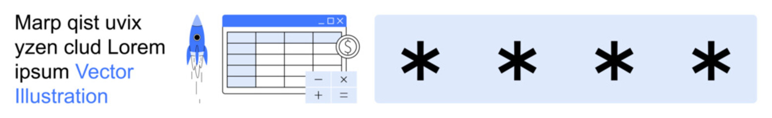 Data protection, password security, encryption, financial systems, digital tools, technology. A table, rocket icon and asterisks use abstract elements. Data security and password protection concept