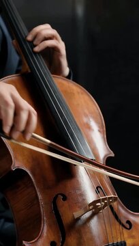 Close up 4K video of an artist drawing a bow across cello strings in dim lighting capturing fine motion details musical ambiance and expressive performance moments