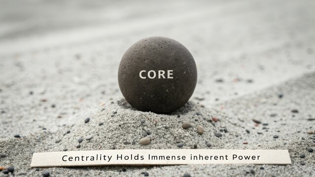 A heavy unpolished dark stone orb with the word CORE at its center, resting on sand.