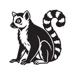 Ring-Tailed Lemur Graphic Icon. Stylized black and white vector of a sitting Madagascar primate. Simple animal silhouette for a zoo logo, mascot, or stencil  © Journey