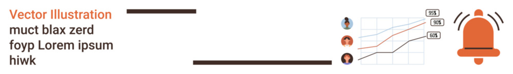 Obraz premium Data analysis, notifications, progress tracking, trend monitoring, business analytics, early alerts. Bell icon next to a graph with rising lines and profile icons. Data analysis and notifications