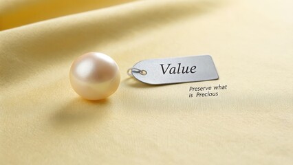 A lustrous pearl rests next to a metal tag bearing the word Value, emphasizing its preciousness and luxury.