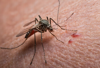 Mosquito feeding on human skin transmitting disease