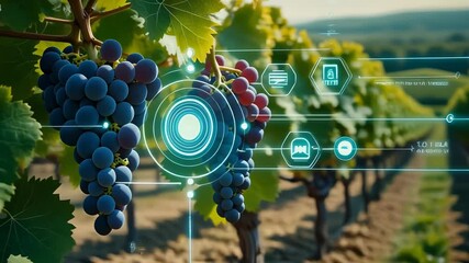 Smart farming technology analyzing ripe grapes in a vineyard for quality control. A futuristic digital interface scans the fruit to collect data for modern viticulture - Powered by Adobe