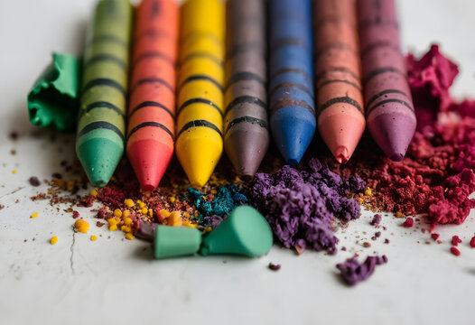 Colorful crayons and crushed pigments representing creative artistic expression