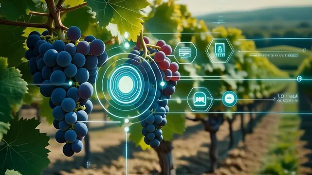 Smart farming technology analyzing ripe grapes in a vineyard for quality control. A futuristic digital interface scans the fruit to collect data for modern viticulture