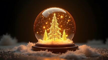 Theme Christmas, Artistic golden snow globe glowing in dark background