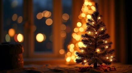 Theme Christmas, Christmas tree silhouette glowing with fairy lights and bokeh