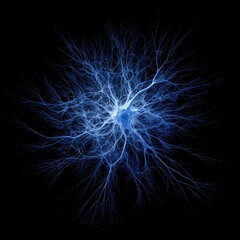 A blue neuronlike structure with branching tendrils on a black background