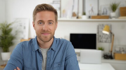 Fototapeta premium A friendly young man with light brown hair wearing a denim shirt smiles from his modern office