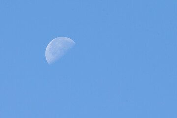 Half moon in the blue sky, closeup photo with selective focus