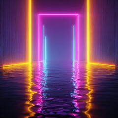 A corridor with illuminated neon rectangles and lines reflecting in rippled water