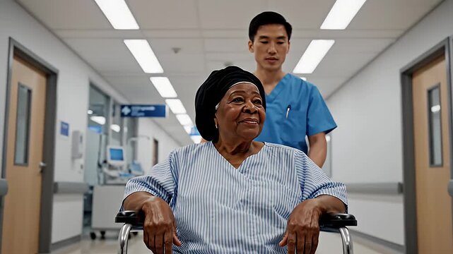 Smiling Senior Cancer Patient in Wheelchair with Nurse Hopeful Recovery in Hospital Corridor
