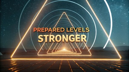 A luminous geometric triangle tunnel ascends into starry space, promoting growth and strength