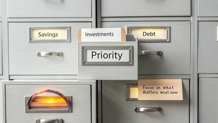 A meticulously organized filing cabinet with drawers labeled 'Priority', 'Investments', 'Debt', and 'Focus on What Matters most', showcasing financial management strategies.