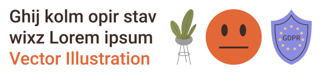 Fototapeta premium GDPR compliance, data security, privacy protection, workplace decor, online safety, emotional expression. Shield with GDPR, neutral face emotion and a potted plant. GDPR and data security